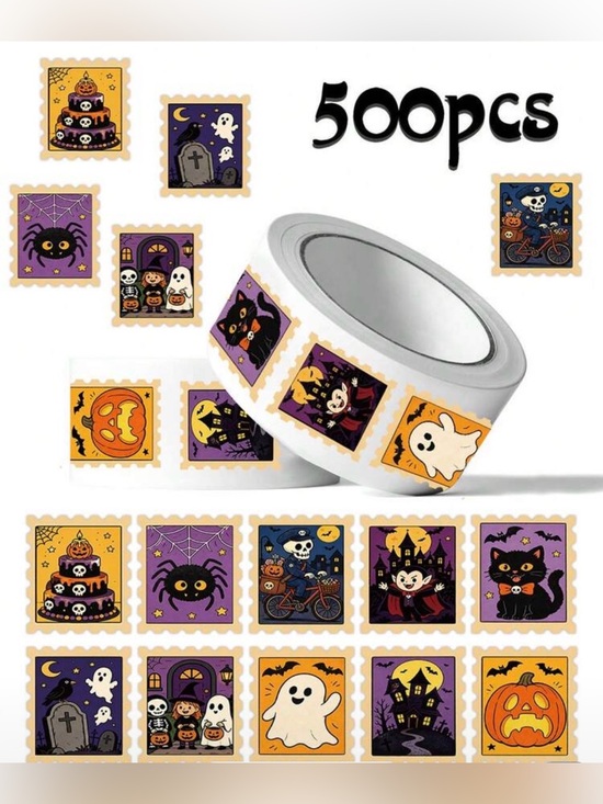 Other - Halloween Stamp Style Sticker Roll - Ghosts, Cats & Pumpkins - 500 PCS